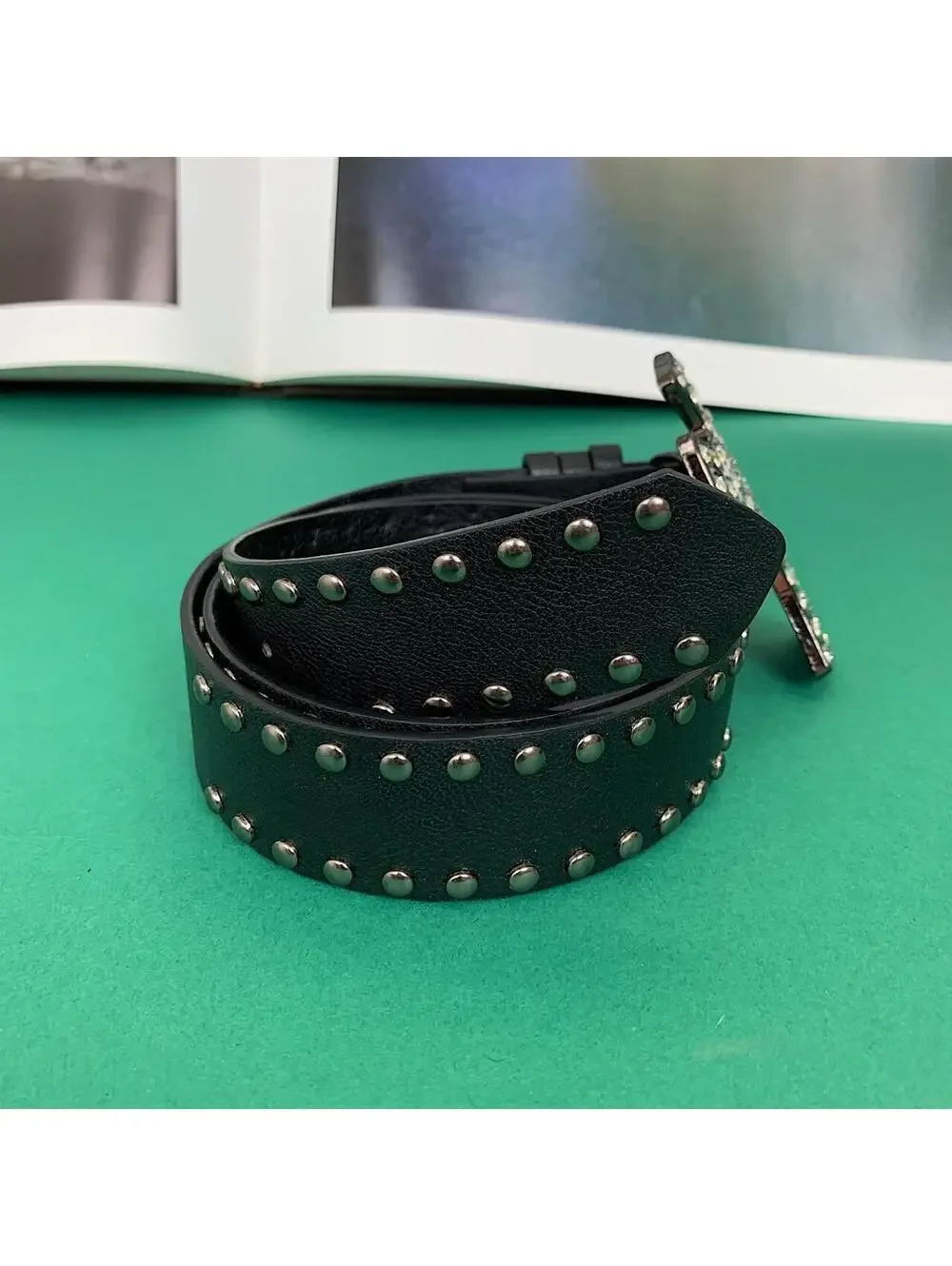 Vintage Y2K style Gothic Rhine stone studded belt buckle. 38.5 inches fits a